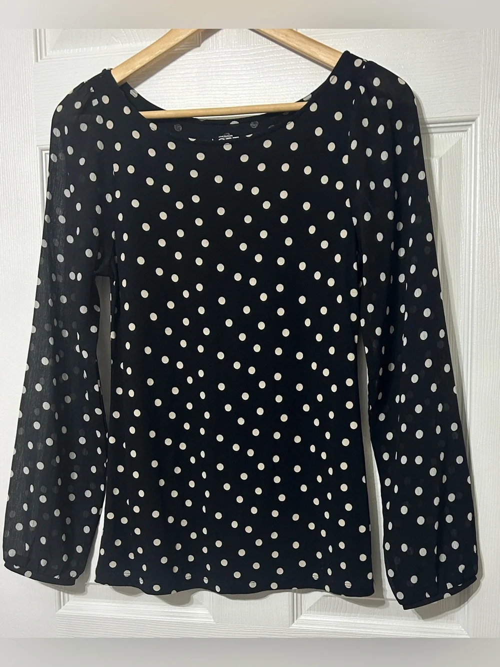 LOFT Women’s Black Beige Polka Dot Blouse Top Sheer Sleeves Size XS